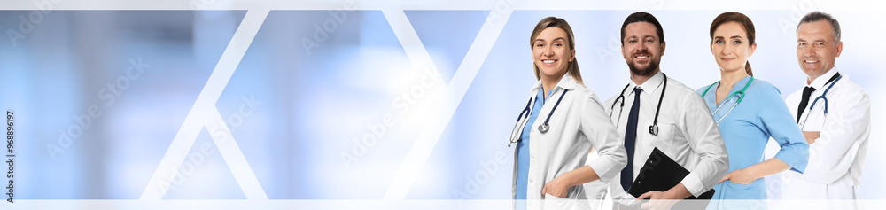 Doctors on blurred background. Banner design with space for text Doctors on blurred background. Banner design with space for text