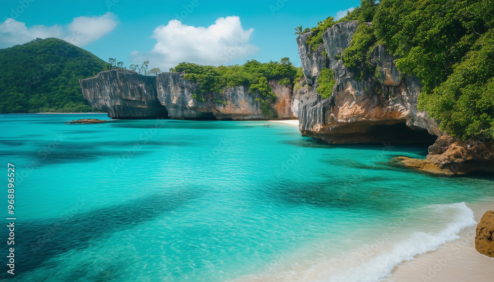 A stunning seascape of a tropical beach with crystal-clear turquoise waters and rocky cliffs A stunning seascape of a tropical beach with crystal-clear turquoise waters and rocky cliffs
