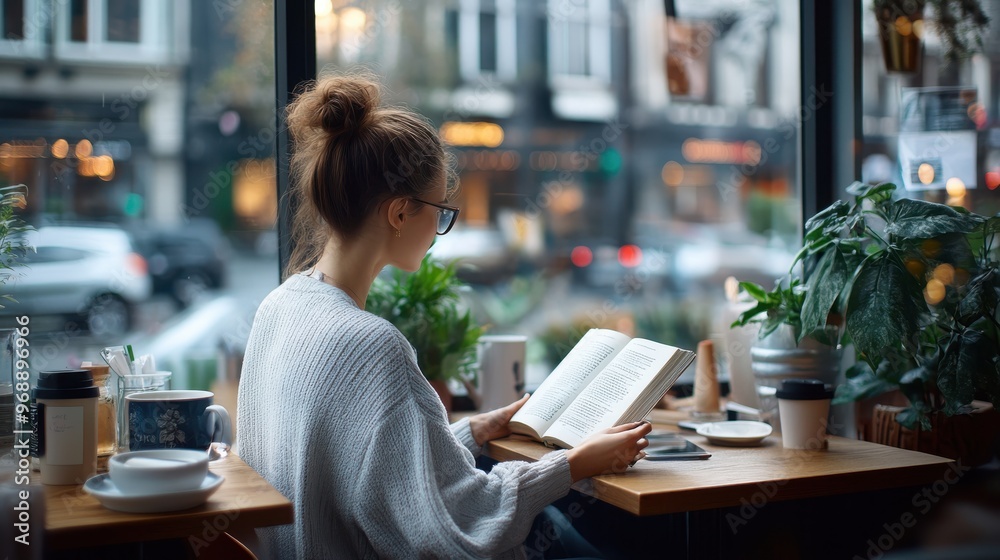 A woman in a white sweater reads a book in an urban café near a window, surrounded by coffee cups, potted plants, and a view of bustling city streets, in a cozy setting. A woman in a white sweater reads a book in an urban café near a window, surrounded by coffee cups, potted plants, and a view of bustling city streets, in a cozy setting.