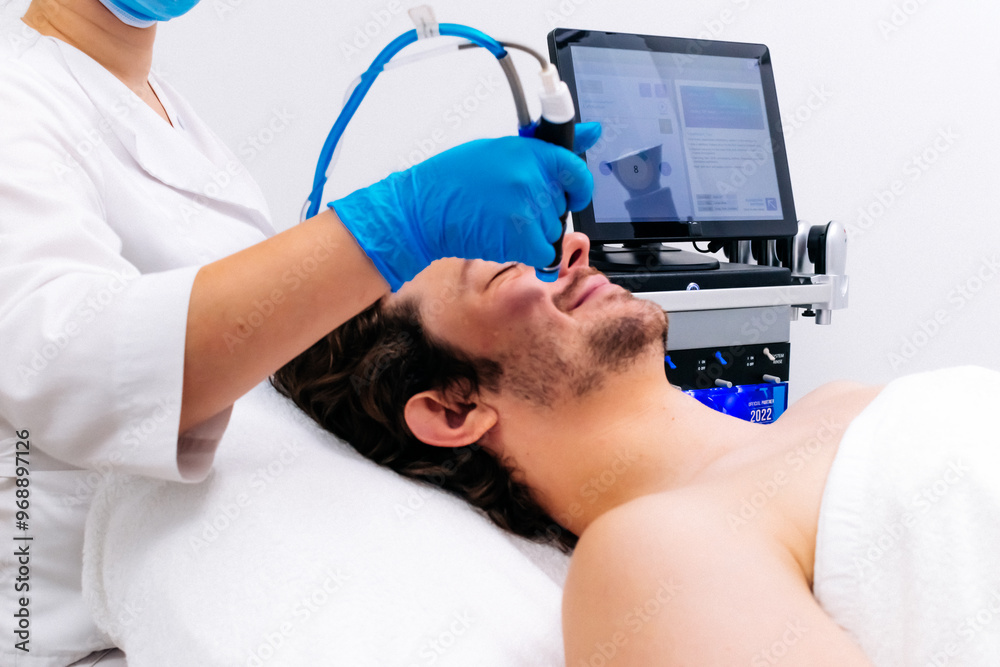 Obraz premium Man in a cosmetic clinic undergoing facial cleansing and rejuvenation treatments. Premium skincare technologies for radiant, refreshed skin. Perfect for promoting salon services and advanced skincare.