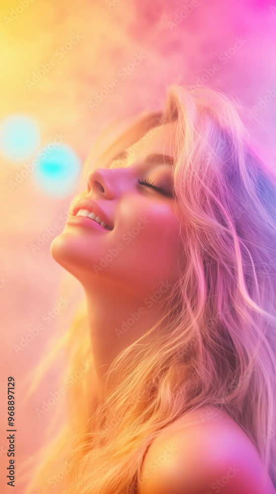 Close-up of a happy blonde woman enjoying vibrant disco lights in a nightclub setting, showcasing colorful and joyful atmosphere. Close-up of a happy blonde woman enjoying vibrant disco lights in a nightclub setting, showcasing colorful and joyful atmosphere.