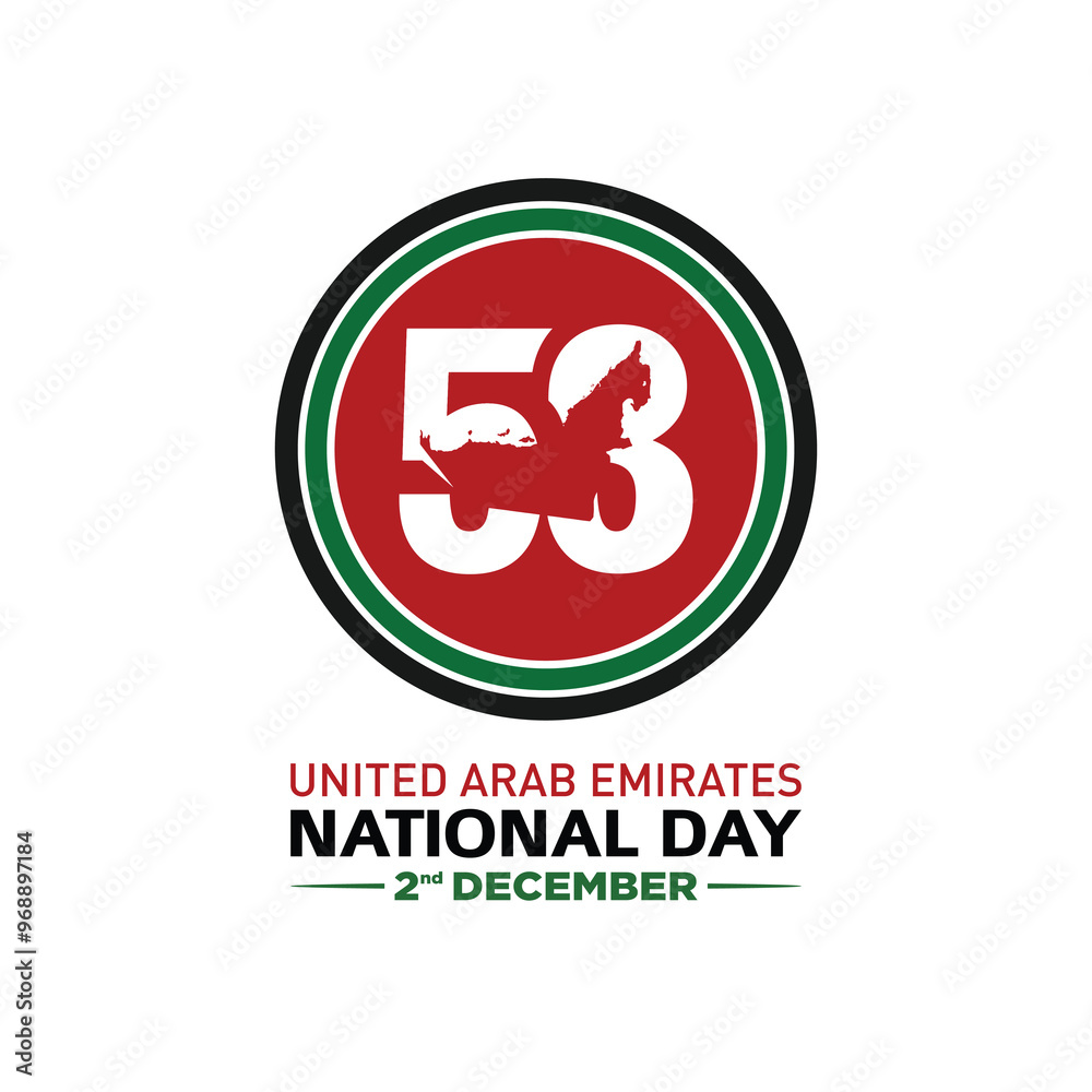 53 National Day of United Arab Emirates. Text Arabic Translation: Our National Day. December 2. Vector Logo. 