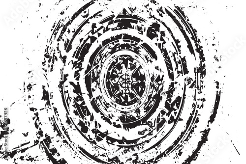 Grunge circular element with a distressed texture, featuring abstract ring-shaped kaleidoscope patterns for creative design.