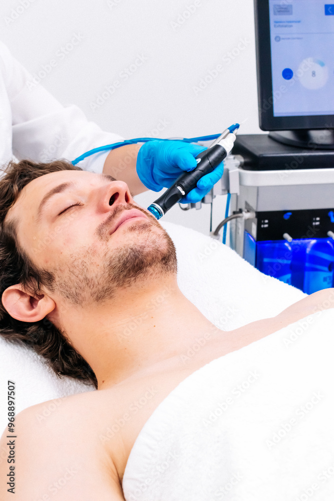 Fototapeta premium Man receiving a hydrafacial treatment in a modern cosmetic center. Innovative skin hydration and cleansing for visible rejuvenation. Perfect for promoting advanced skincare solutions.