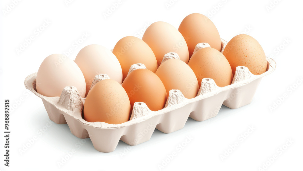 Eggs arranged in a carton tray isolated on white background showcasing fresh organic produce
