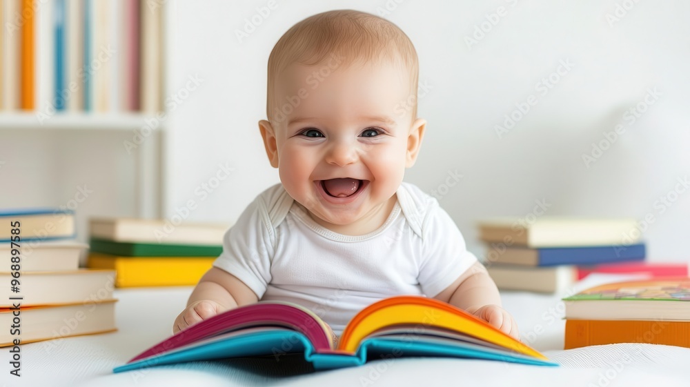 Delightful baby giggles while reading a colorful book, more books scattered around, Baby enjoying reading, nurturing curiosity, love of books Delightful baby giggles while reading a colorful book, more books scattered around, Baby enjoying reading, nurturing curiosity, love of books
