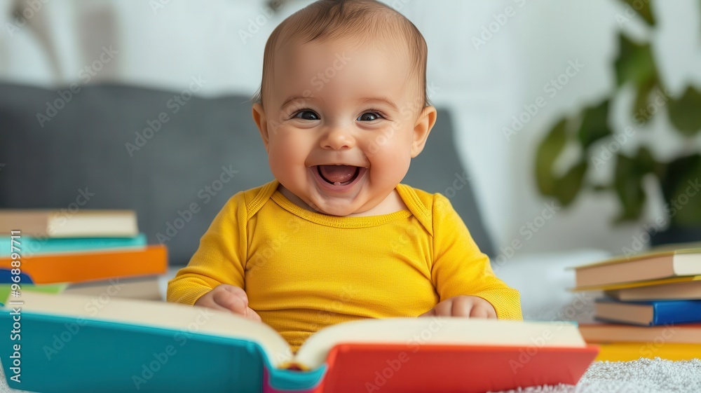 Delightful baby giggles while reading a colorful book, more books scattered around, Baby enjoying reading, nurturing curiosity, love of books Delightful baby giggles while reading a colorful book, more books scattered around, Baby enjoying reading, nurturing curiosity, love of books