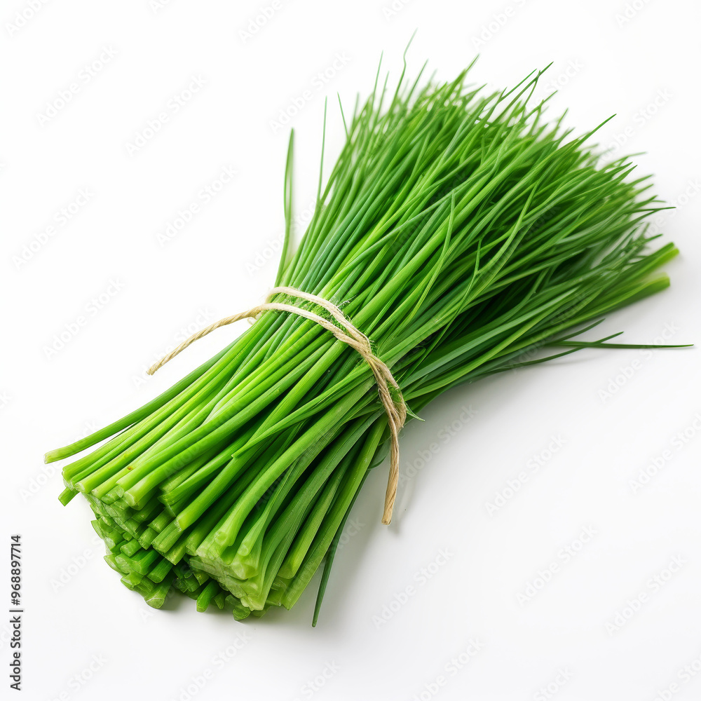 Fresh chives bundle isolated on white background vibrant greenery Fresh chives bundle isolated on white background vibrant greenery
