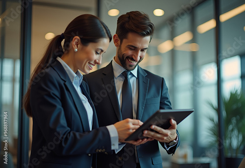 Professional business people, two happy business man and woman executives partners team working together checking corporate results standing in company office using digital tab fintech device..