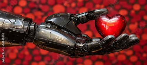 Metallic Robot Hand Gently Holding a Glowing Red Heart Symbol of Love and Technology Convergence