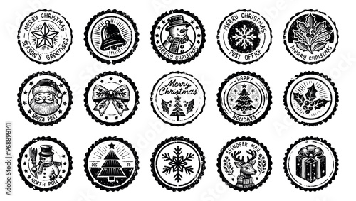 Vintage Christmas Round Postmark collection. Old textured Holiday Postal Watermark for Greeting Cards, Scrapbooking, and Collages. Santa Post Isolated elements