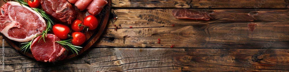 Selection of Assorted Fresh Cuts of Raw Meat with Tomatoes, Oranges, and Herbs on a Wooden Board Selection of Assorted Fresh Cuts of Raw Meat with Tomatoes, Oranges, and Herbs on a Wooden Board