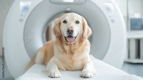 Adorable Golden Retriever Sitting Calmly on MRI Machine in Veterinary Clinic Setting