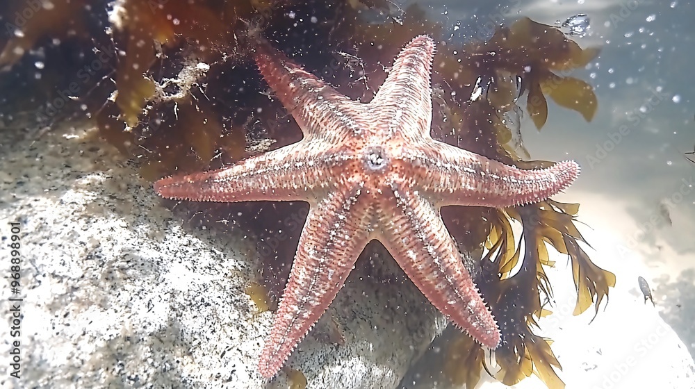 A close-up of a red starfish resting on a rock with seaweed. A close-up of a red starfish resting on a rock with seaweed.