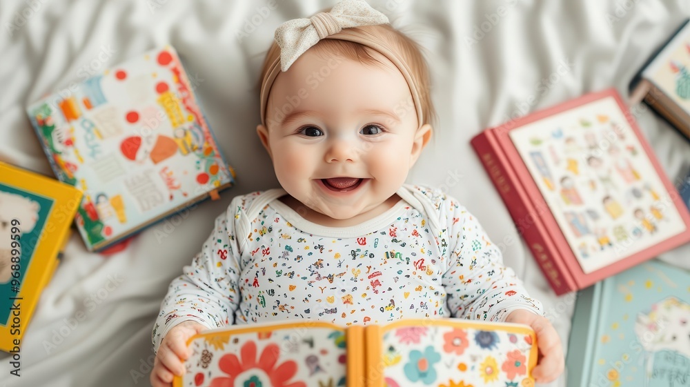 Happy baby immersed in a bright picture book, surrounded by assorted children's books, Baby's reading adventure, early learning, joyful discovery Happy baby immersed in a bright picture book, surrounded by assorted children's books, Baby's reading adventure, early learning, joyful discovery