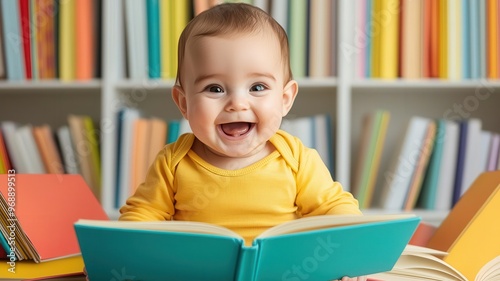 Happy baby giggling while exploring a colorful storybook, surrounded by picture books, Baby reading time, curiosity, playful learning photo