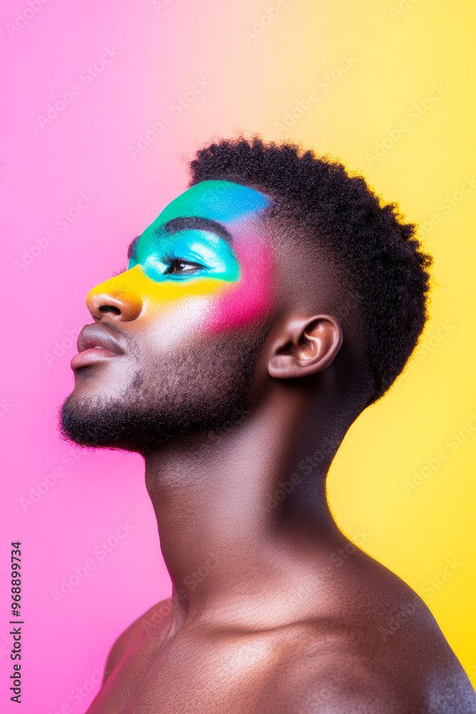 Profile of a young male with colorful makeup on dark skin against a vibrant studio backdrop showcasing artistic expression and beauty Profile of a young male with colorful makeup on dark skin against a vibrant studio backdrop showcasing artistic expression and beauty
