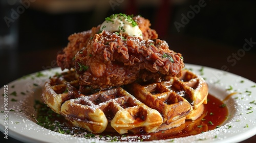A chicken and waffles dish with crispy fried chicken