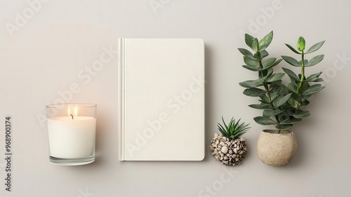 Hardcover book mockup standing next to a lit candle and decorative plants, Book mockup, relaxed vibe, peaceful atmosphere
