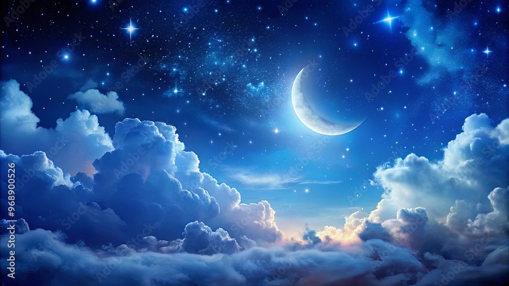 Night sky with crescent moon, stars, and clouds creating a dreamy atmosphere Night sky with crescent moon, stars, and clouds creating a dreamy atmosphere