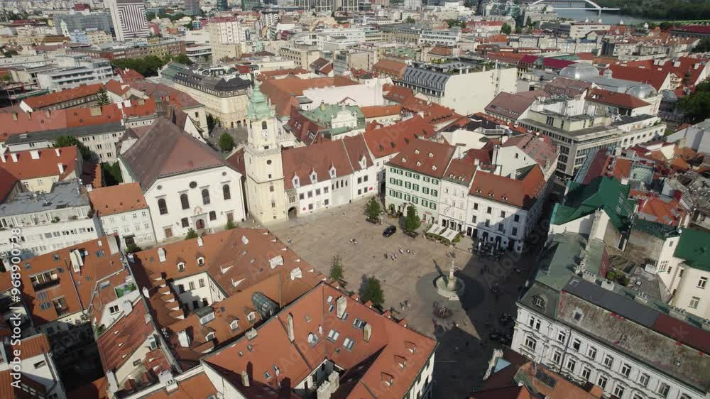 Bratislava's hlavné námestie with its historic buildings and red rooftops, aerial view Bratislava's hlavné námestie with its historic buildings and red rooftops, aerial view