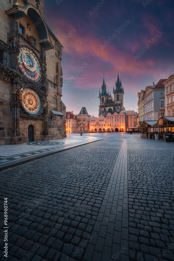Amazing sunrise over the Prague Clock Tower in the historical center of Prague, Czechia