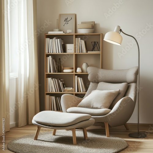 A cozy reading nook featuring a comfortable chair, ottoman, and bookshelf in a serene setting.