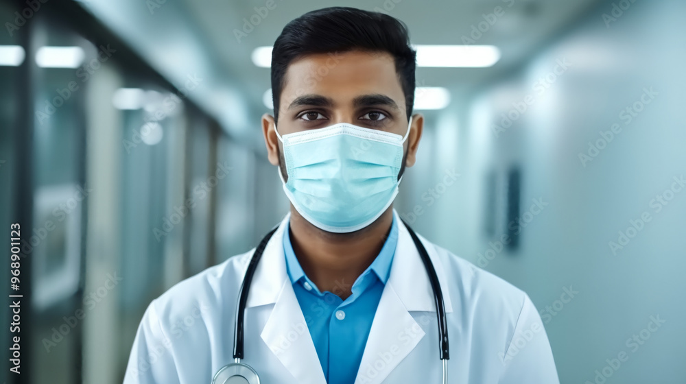 Portrait of a doctor wearing a face mask, standing in a hospital hallway. Portrait of a doctor wearing a face mask, standing in a hospital hallway.