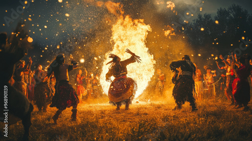 Shaman leading a sacred dance around a large fire, participants moving rhythmically, connecting to the spirit realm through movement