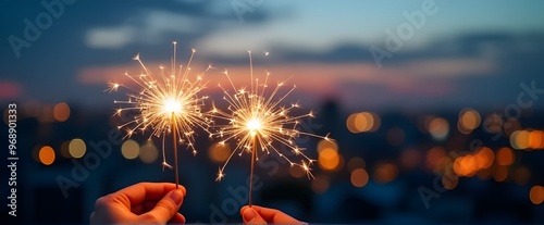 Hands holding burning sparkler with bokeh light background, copy space for text, background for diwali - festival of lights. photo