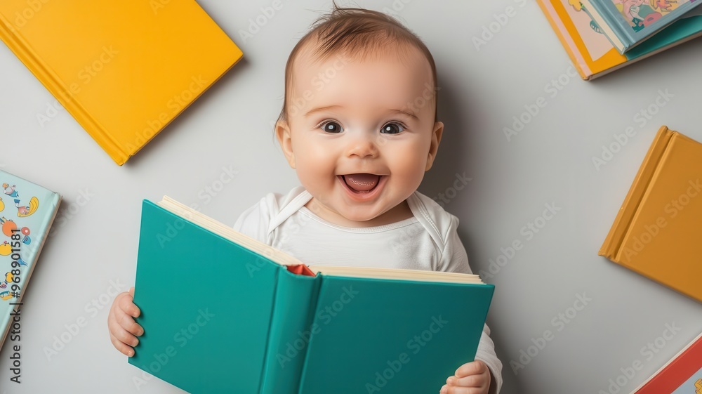 Joyful baby discovering a colorful book, with other children s books spread around, Baby reading fun, early literacy, excitement Joyful baby discovering a colorful book, with other children s books spread around, Baby reading fun, early literacy, excitement