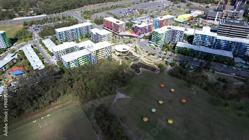 Natural Bridge Sculpture Historical Landmark In Smith Collective, Southport QLD, Australia. Aerial Drone Shot photo