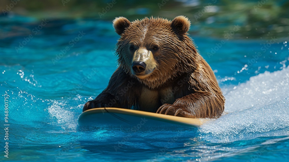 bear playing surfboard in blue water bear playing surfboard in blue water