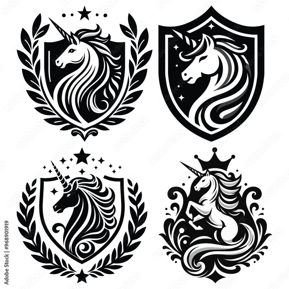 Regal unicorn heraldic emblems, black and white vector illustration, perfect for fantasy art Regal unicorn heraldic emblems, black and white vector illustration, perfect for fantasy art