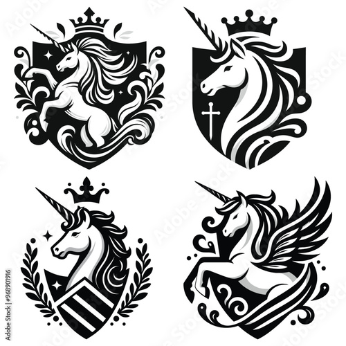 Heraldic unicorn crest designs, black and white, vector illustration set, mystical shield icons