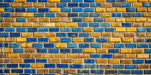 Close-up of a brick wall with blue and yellow patterns