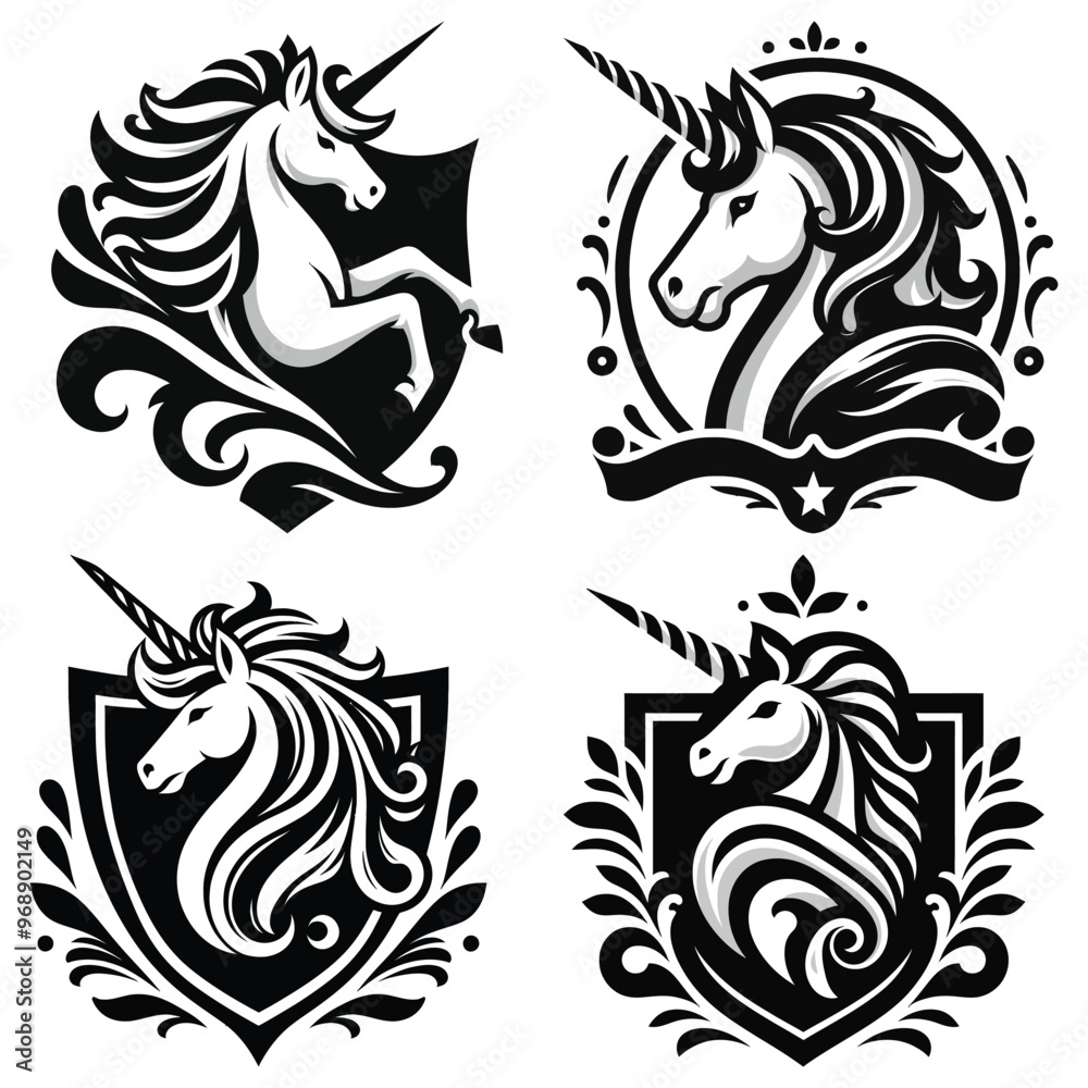 Fototapeta premium Black and white unicorn crest vector illustrations, symmetrical and detailed, digital art design.