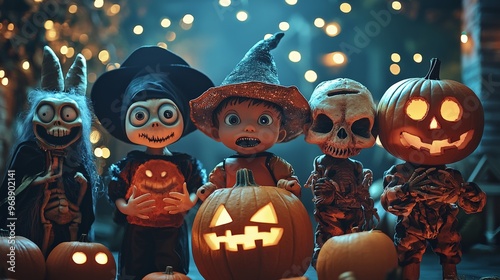 dressed up or costumed children's group, pumpkin for halloween or carnival, fancy dress party kids, with bokeh on background light. Scary day 
