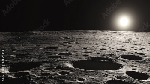 Close-up panorama of the moonas surface featuring detailed craters and shadows cast by distant cosmic light. No people. No logo. photo