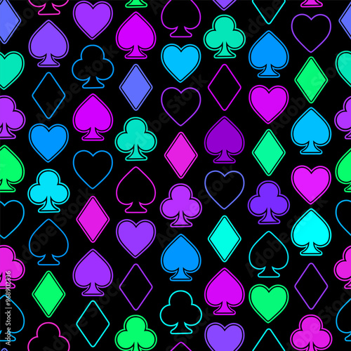 Seamless illustration of bright multicolored icons of different card suits