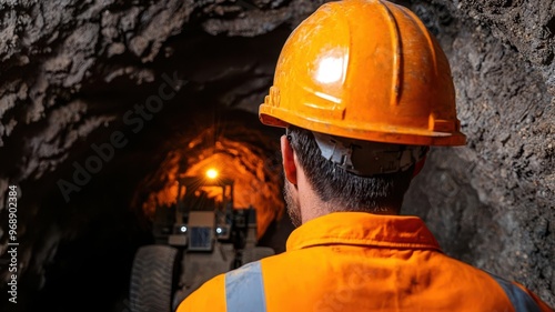 Miners operating heavy machinery in a deep underground gold mine, Gold mining, labor-intensive industry, resource extraction photo