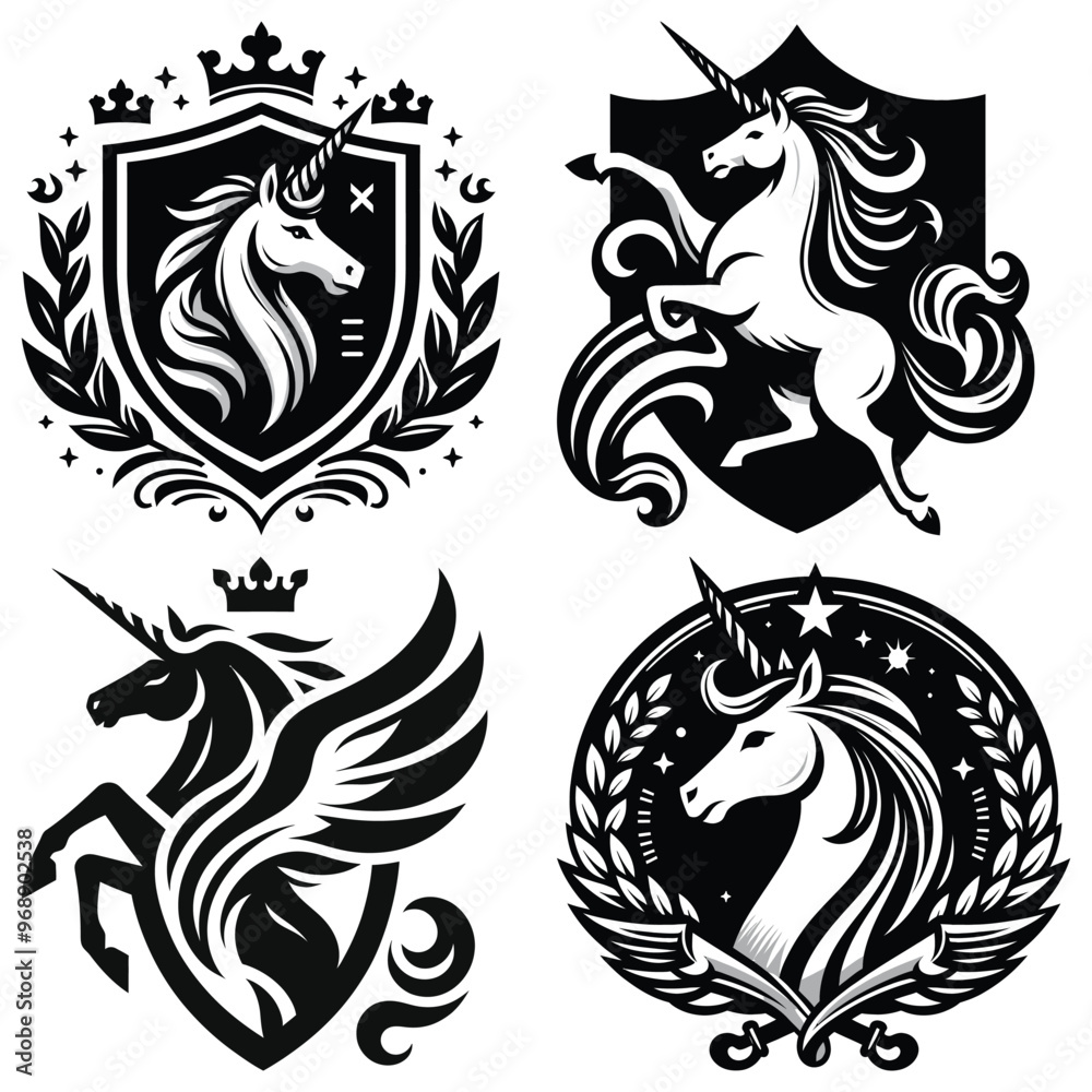 Regal unicorn crest vector illustration, black and white, symbol of magic and nobility, branding Regal unicorn crest vector illustration, black and white, symbol of magic and nobility, branding