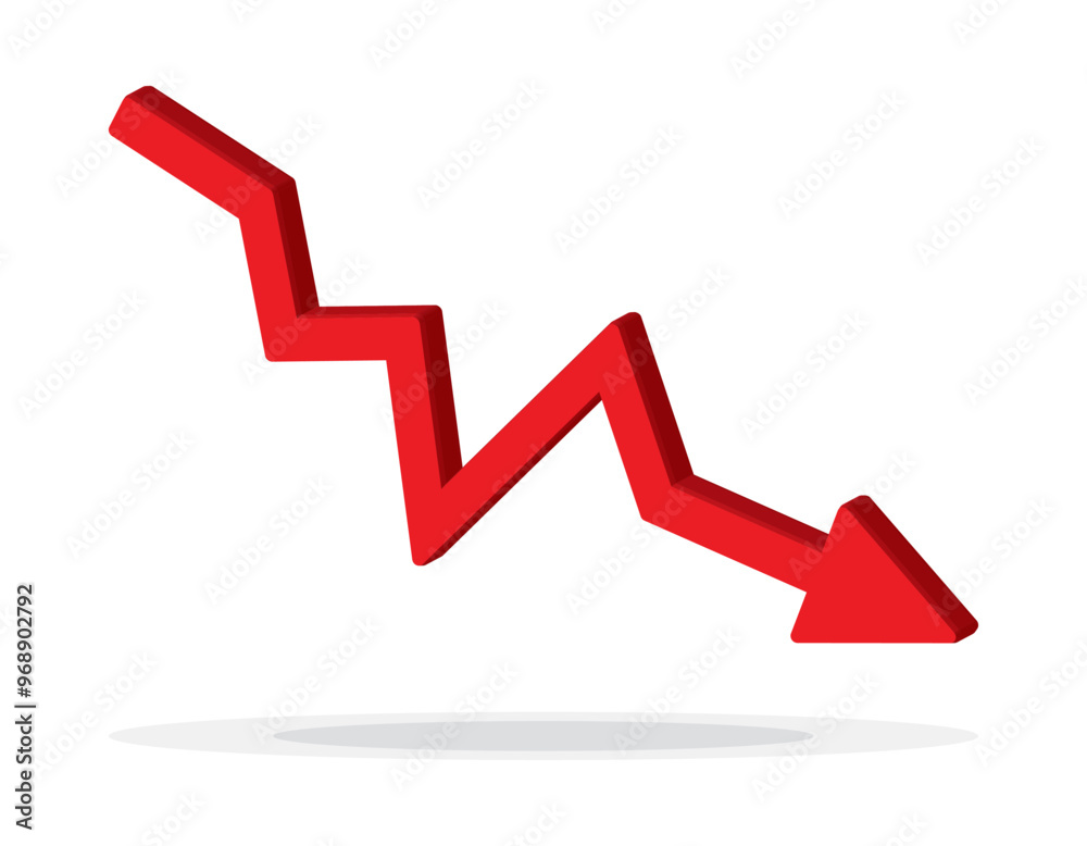 Red 3d arrow going down stock icon on white background. Bankruptcy, financial market crash icon for your web site design, logo, app, UI. graph chart downtrend symbol.chart going down sign. Red 3d arrow going down stock icon on white background. Bankruptcy, financial market crash icon for your web site design, logo, app, UI. graph chart downtrend symbol.chart going down sign.