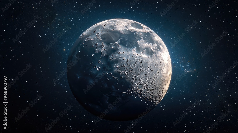 Close-up panoramic shot of the moon, with its rough surface and shadows highlighted by the distant starlight. No people. No logo. Close-up panoramic shot of the moon, with its rough surface and shadows highlighted by the distant starlight. No people. No logo.