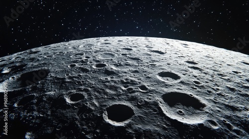 Close-up panoramic shot of the moonas rugged surface with craters and valleys illuminated by distant starlight. No people. No logo. photo