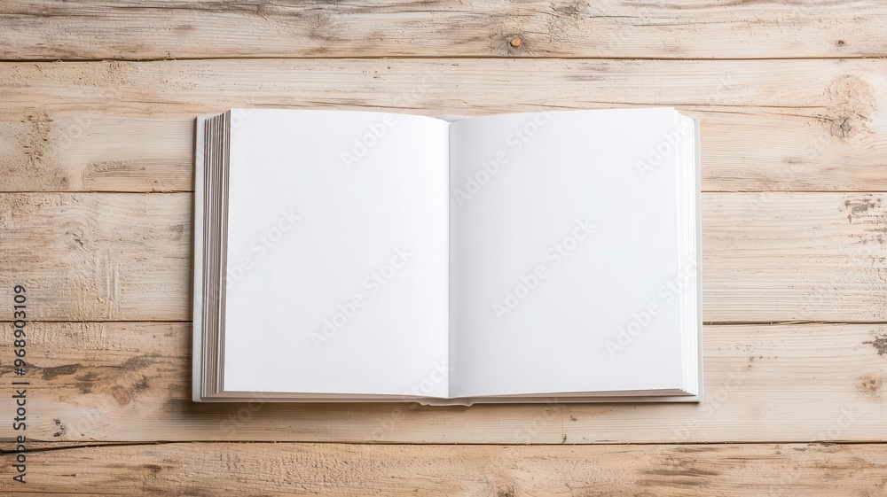 Open book mockup with a blank spread, set against a natural wood background, Book mockup, elegant simplicity, layout design Open book mockup with a blank spread, set against a natural wood background, Book mockup, elegant simplicity, layout design