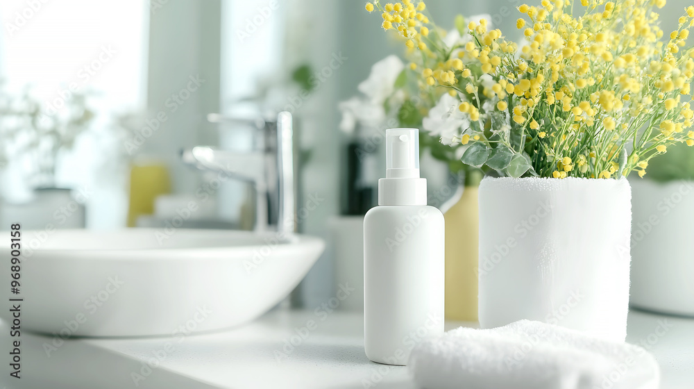 casual display of a hand moisturizer cream bottle on a bathroom counter, showing the product as part of a daily routine casual display of a hand moisturizer cream bottle on a bathroom counter, showing the product as part of a daily routine