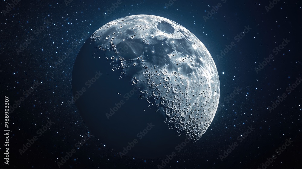 Obraz premium Close-up panoramic view of the moon, with its pockmarked surface clearly visible against a starry backdrop. No people. No logo.