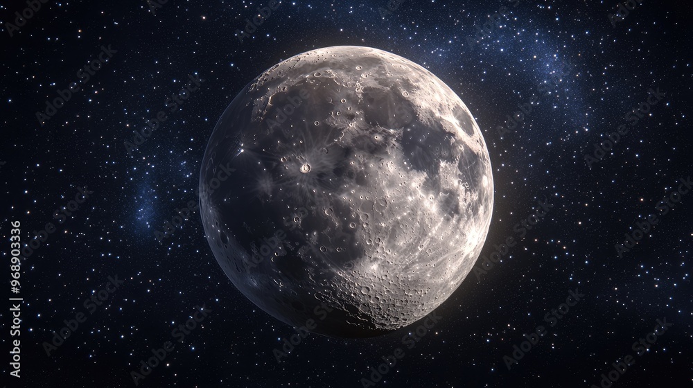 Close-up panoramic view of the moon, with its pockmarked surface clearly visible against a starry backdrop. No people. No logo. Close-up panoramic view of the moon, with its pockmarked surface clearly visible against a starry backdrop. No people. No logo.