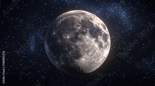 Close-up panoramic view of the moon, with its pockmarked surface clearly visible against a starry backdrop. No people. No logo.